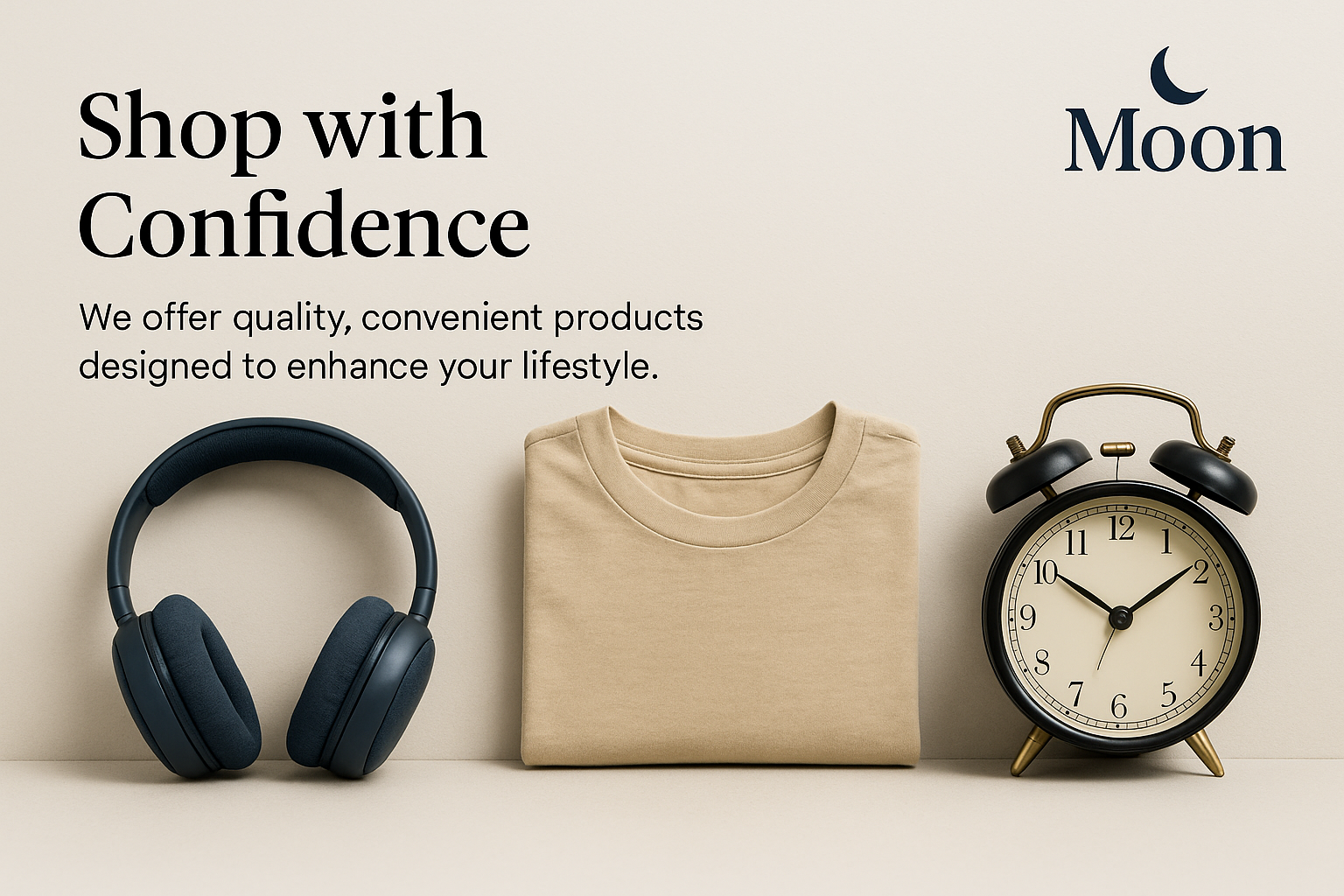 Headphones, t-shirt, and alarm clock on a beige surface with 'Moon' brand logo.slider_item_P9Keee